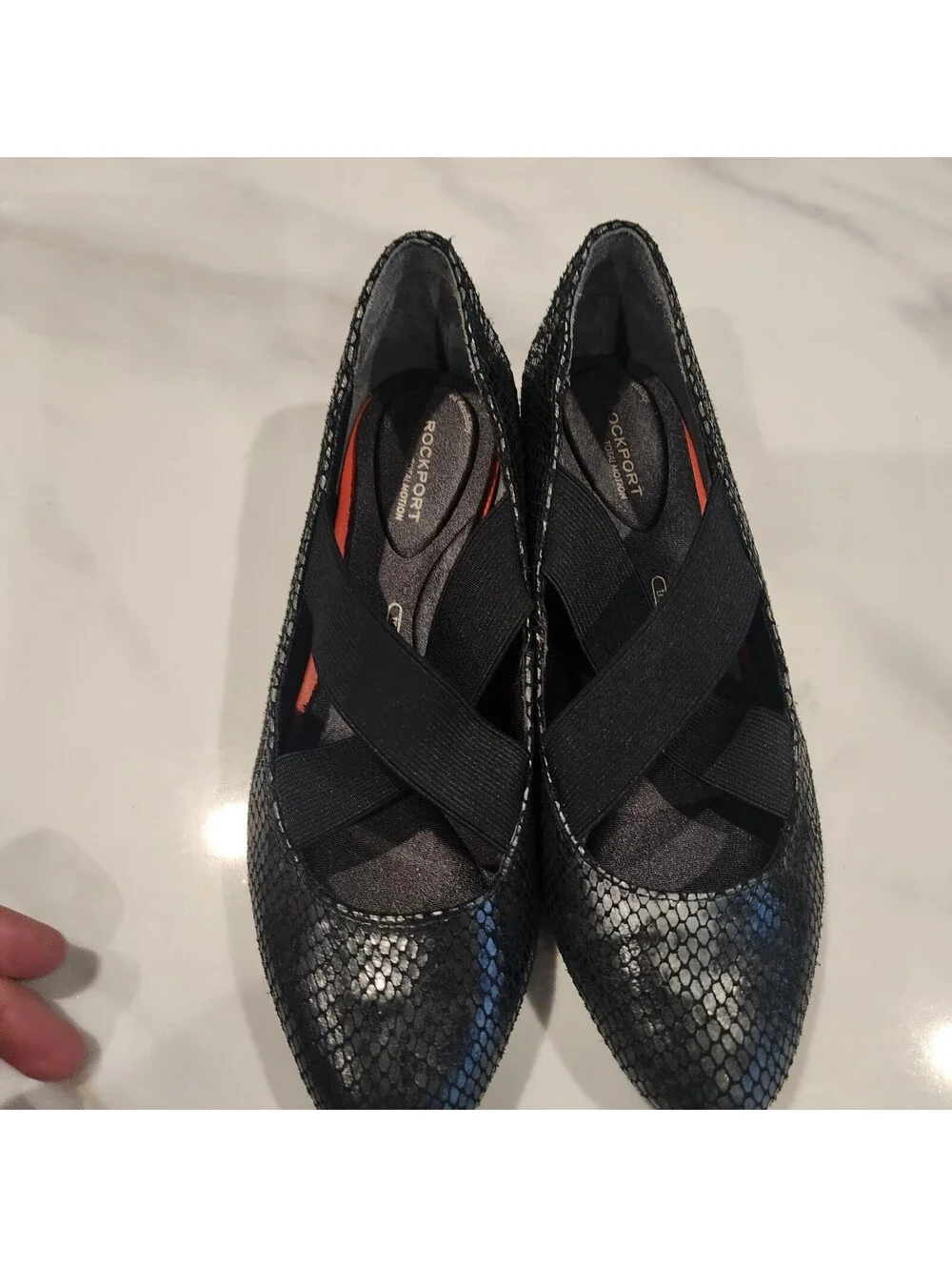 Rockport Total Motion Etenia mary jane flats textured black snakeskin straps 7